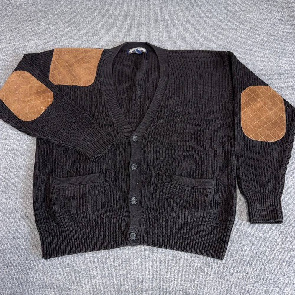 Vintage Grandpa Cardigan Sweater Men Medium Black Oversized Elbow Shoulder Patch - Picture 2 of 8